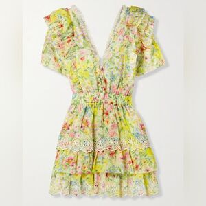 LoveShackFancy Aldina Tiered Yellow Floral Broderie Mini Dress